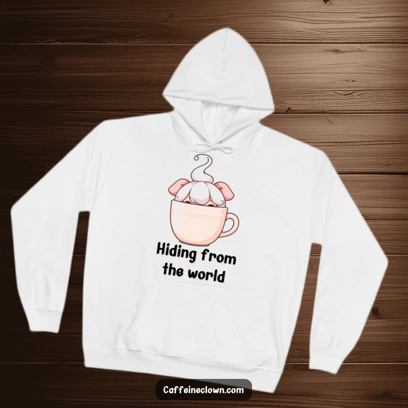 Funny hoodie showing a character peeking over a steaming coffee cup, embodying a sneakily delightful coffee addiction, great funny gift.