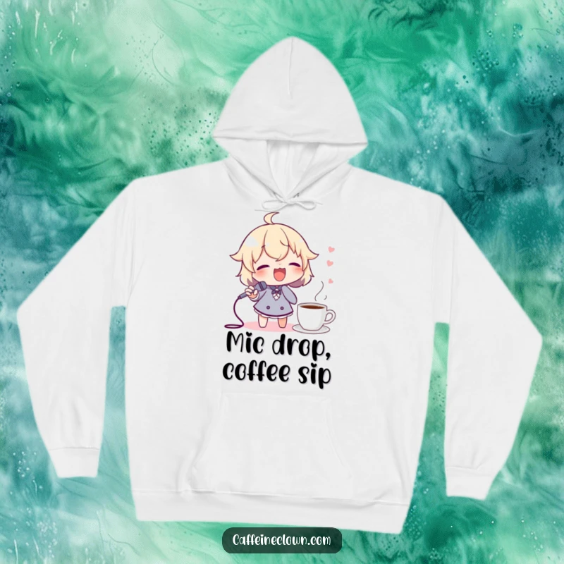 Funny hoodie showing a character singing joyfully into a spoon mic, with coffee nearby, celebrating music and caffeine.