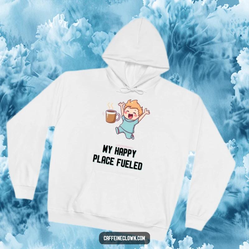 Funny hoodie depicting a character joyfully leaping, a floating coffee mug nearby, embodying pure coffee bliss and cozy warmth.