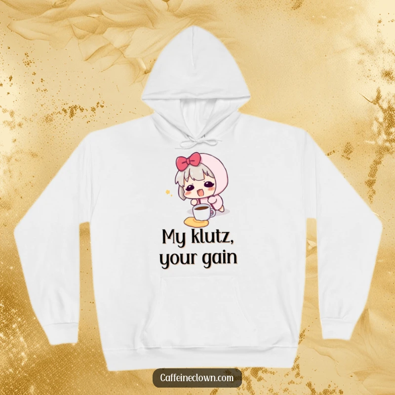 Funny hoodie illustrating a character tripping and spilling a tiny coffee cup, accompanied by a surprised blush.