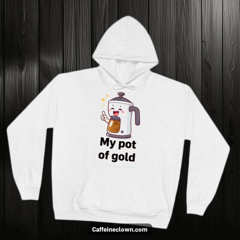 Funny hoodie featuring a happy character enthusiastically pointing at a bubbling coffee pot, perfect for cozy coffee moments.