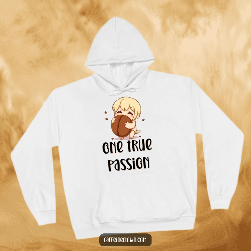 Funny Hoodie: Character hugs a giant coffee bean, eyes sparkling with pure delight, symbolizing profound coffee affection.