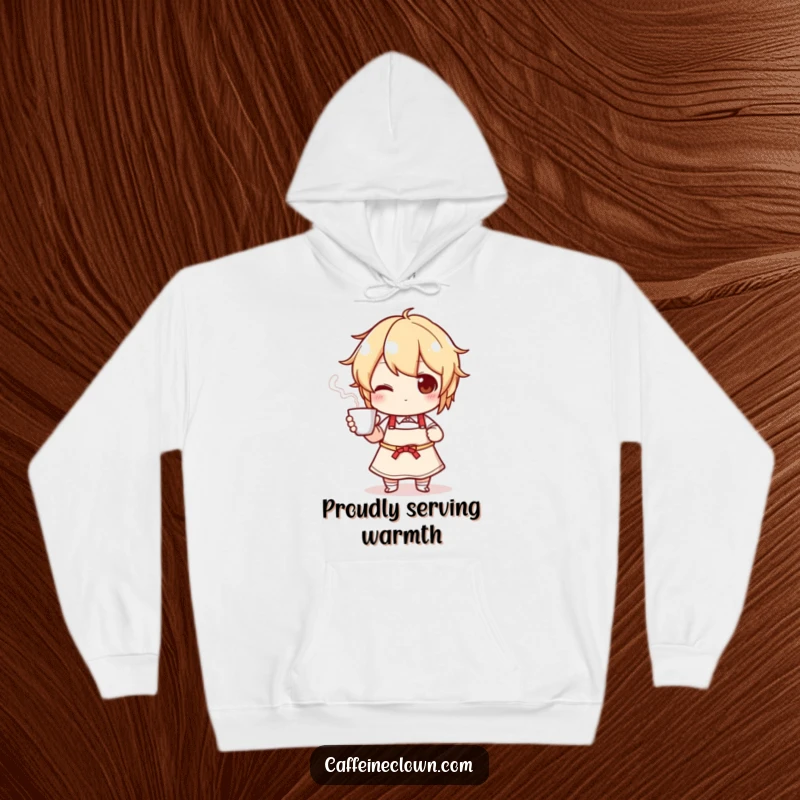 Funny hoodie featuring a character in an apron presenting a steaming cup, perfect for cozy days and kitchen warmth.