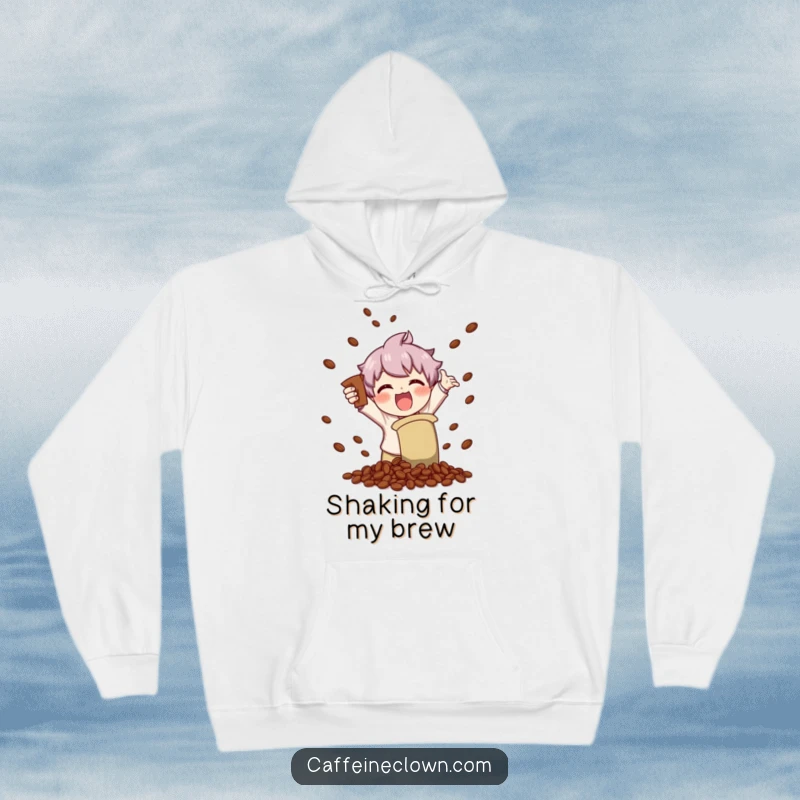 Funny hoodie featuring a character gleefully shaking a coffee bag, scattering coffee beans with a look of pure delight.