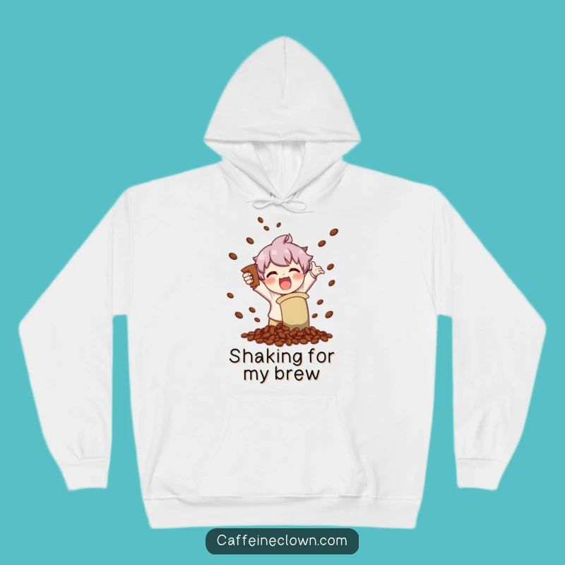 Funny Cozy Hoodie: Character Shaking Coffee Beans with Glee, Warm Laughs Guaranteed