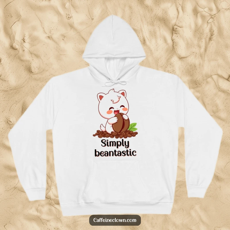 Funny Hoodie with a cute character in fits of giggles, clutching a coffee bean, a warm and humorous design.