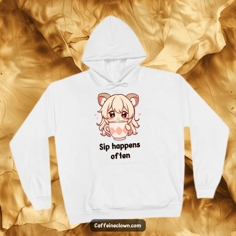 Funny hoodie with a character whose eyes sparkle, joyfully sipping from a steaming cup, exuding comfort and happiness.