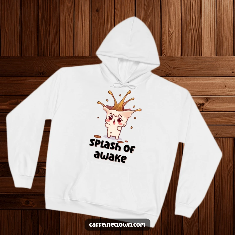 Funny tiny character with a surprised look and a coffee splash erupting upwards, featured on a cozy hoodie.