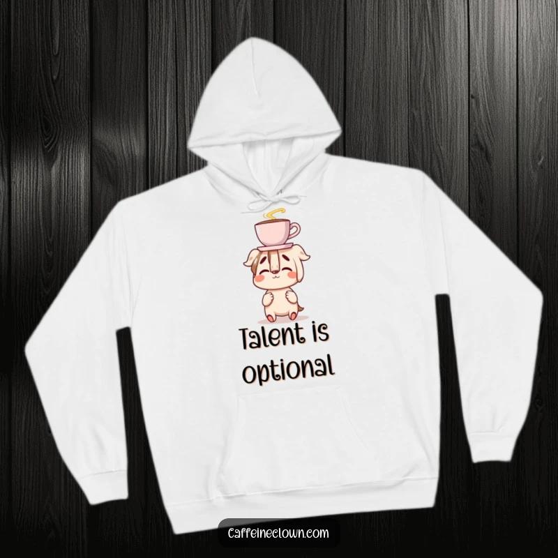 Funny hoodie featuring a character clumsily balancing a coffee cup on their nose with a happy expression, embodying playful awkwardness, a warm funny gift.