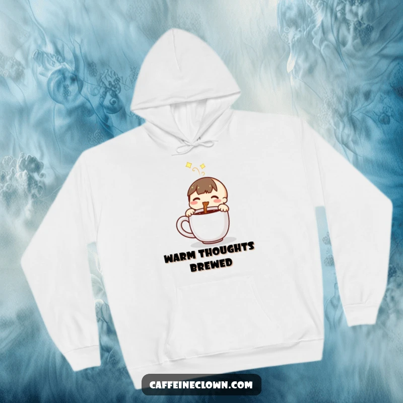 Funny hoodie showing a small, happy character pouring steaming coffee into a mug, perfect for cozy mornings.