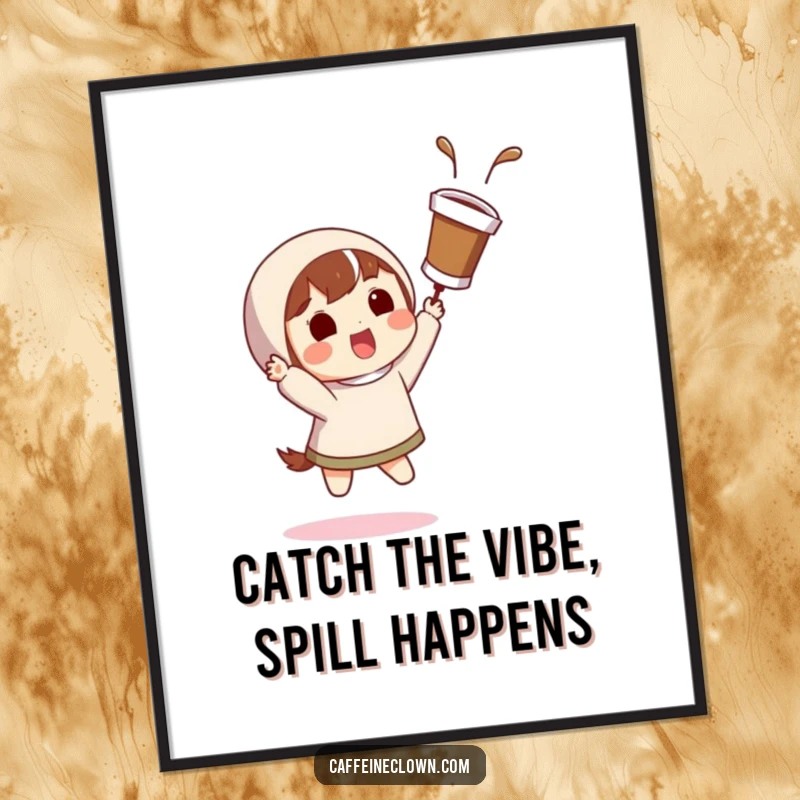 Funny Free Printable Wall Art: Character with a surprised grin catches a flying coffee cup, dynamic decor.