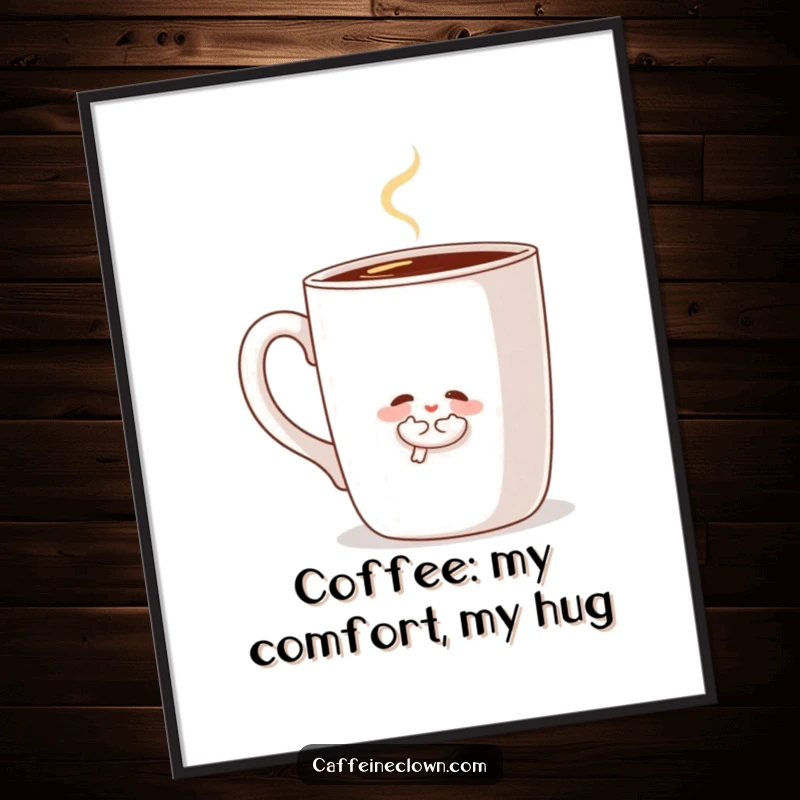 Funny Free Printable Wall Art: A small character embraces a large, steamy coffee mug, radiating comfort and warmth.