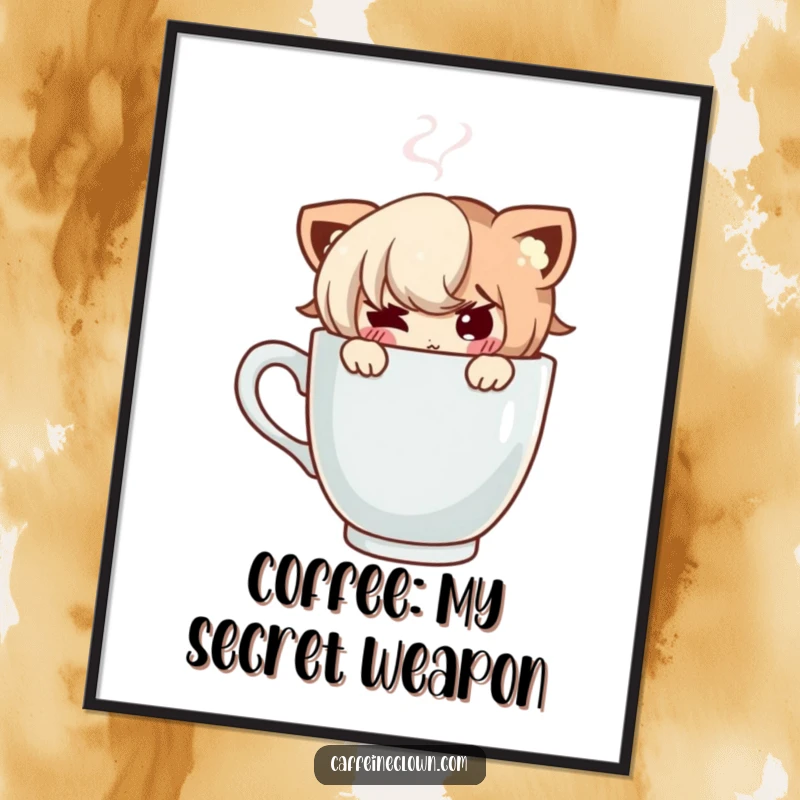 Funny Free Printable Wall Art: Character peeking with a sly, mischievous smile from behind a steaming coffee cup, quirky coffee decor.