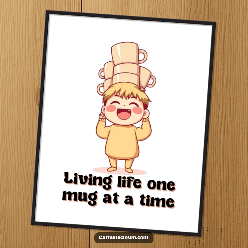 Funny Free Printable Wall Art: A character laughs uncontrollably while precariously balancing a towering stack of coffee mugs.