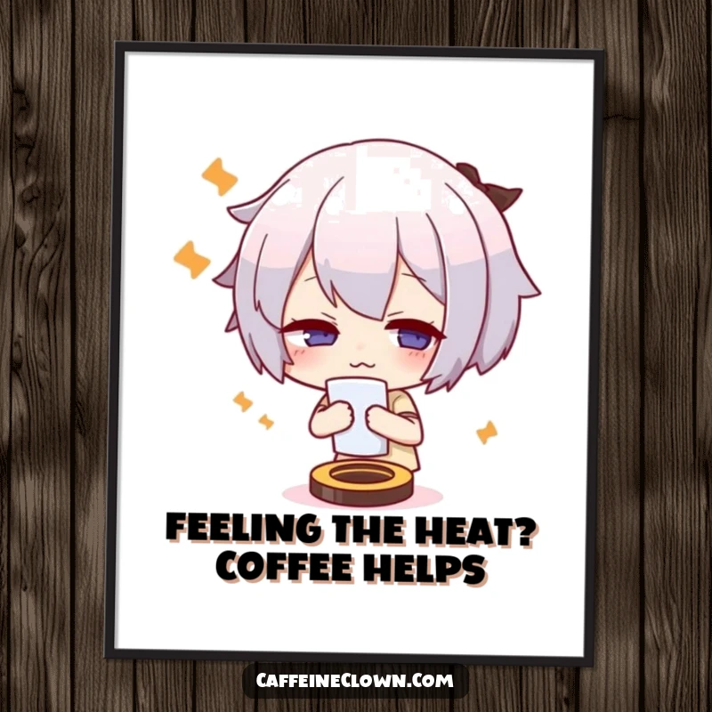 Funny Free Printable Wall Art of a cute character dramatically fanning themself with a coaster, looking utterly overheated and needing a fan.