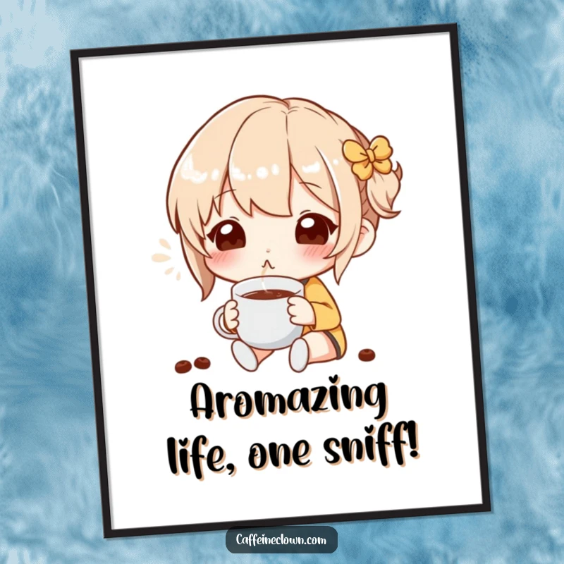 Funny Free Printable Wall Art: Character blissfully smelling coffee aroma, serene expression, humorous decor.