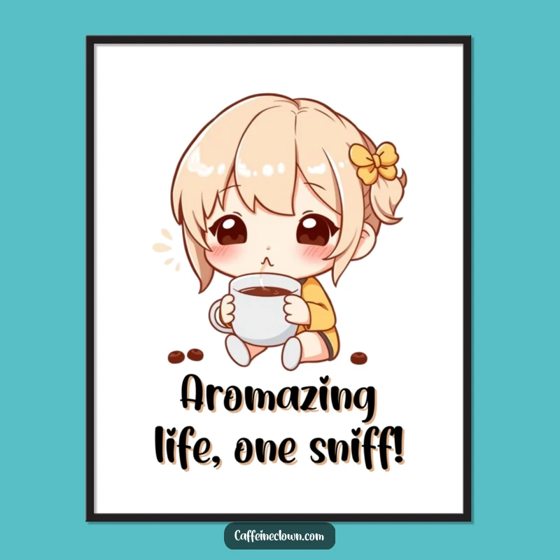 Free Printable Wall Art: Blissful Coffee Aroma Character, Funny Downloadable Art