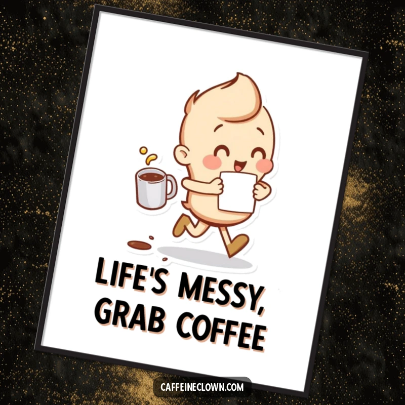 Funny Free Printable Wall Art: Character running with coffee, a small spill, capturing morning energy, humorous decor.