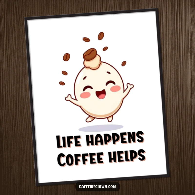 Funny Free Printable Wall Art depicting a giggling character joyfully bouncing with a coffee bean bouncing on its head.