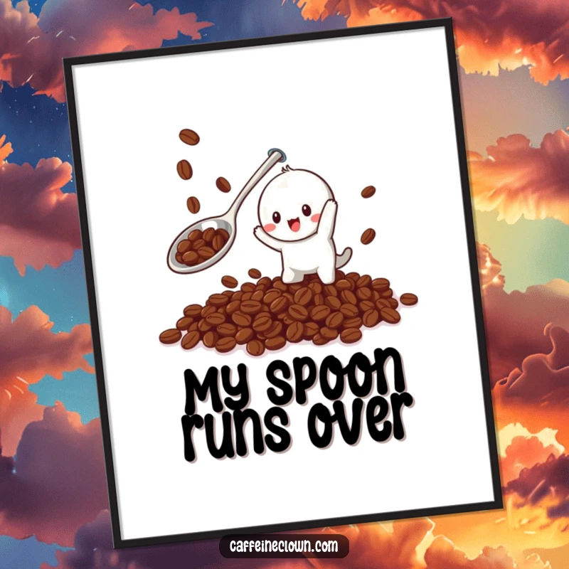 Funny Free Printable Wall Art: A character joyfully uses a giant spoon to catch falling coffee beans, full of playful energy.