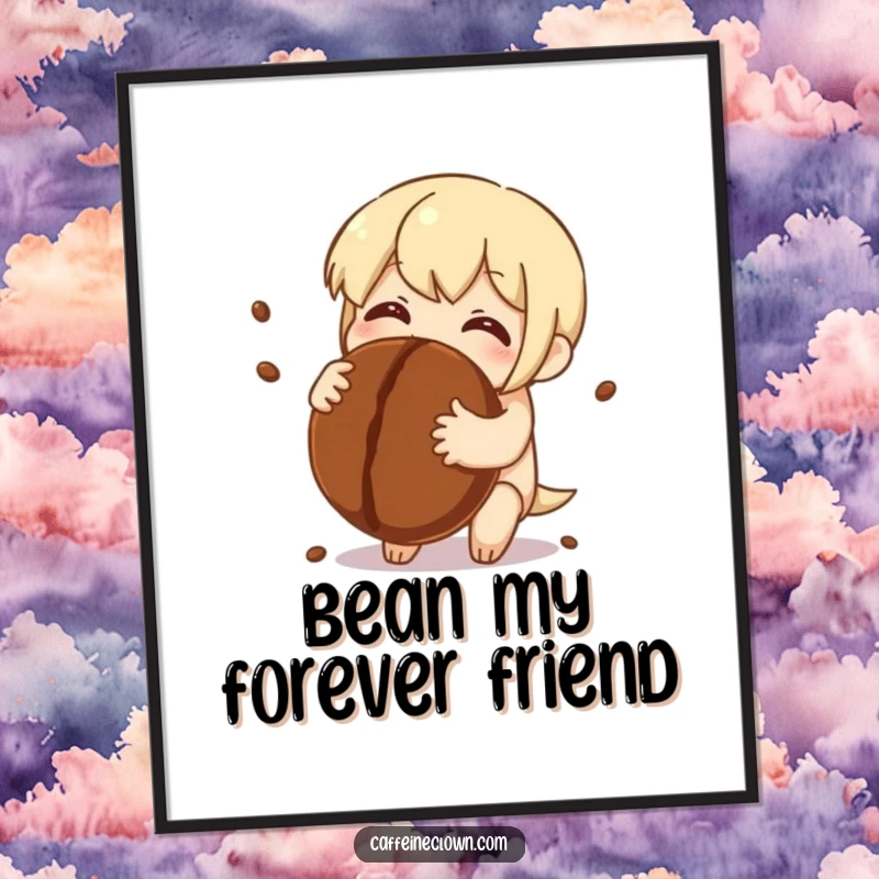 Funny Free Printable Wall Art: Character hugging a colossal coffee bean, eyes sparkling with delight, expressing pure caffeinated love.