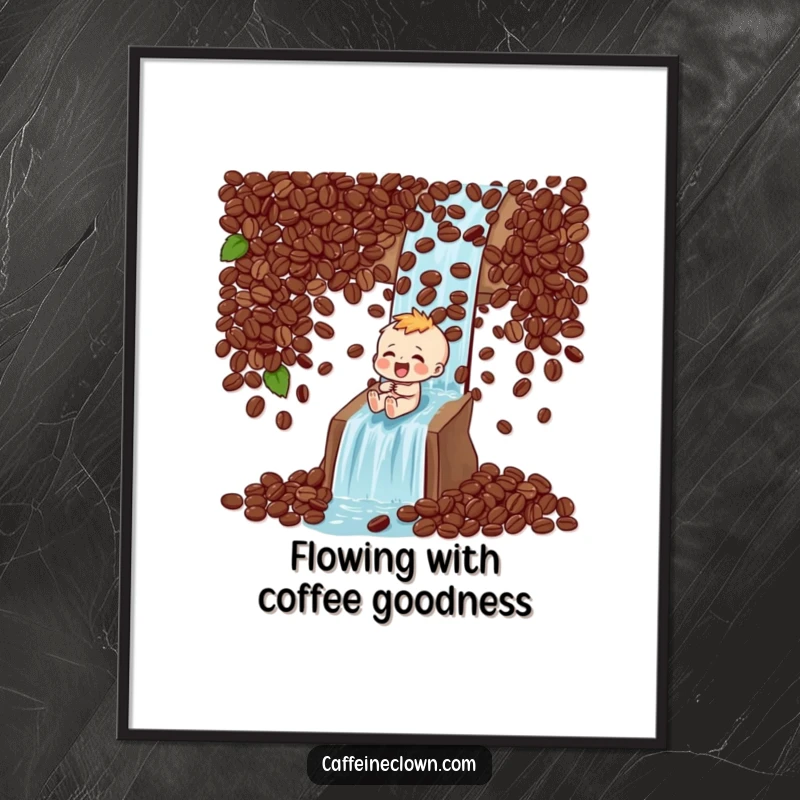 Funny Free Printable Wall Art: A character gleefully sliding down a massive waterfall made of tumbling coffee beans, full of laughter.