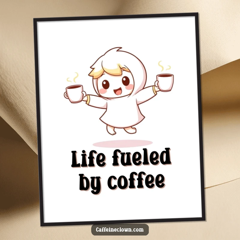 Funny Free Printable Wall Art: A small character dances energetically, holding two steaming coffee cups, a true coffee enthusiast.