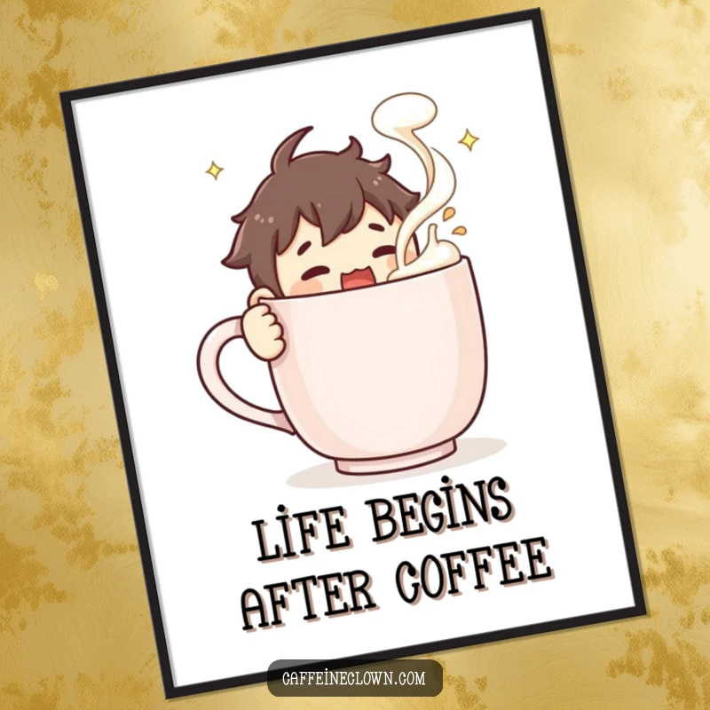 Funny Free Printable Wall Art: A character intensely stirring a colossal coffee mug, froth flying, capturing morning energy humorously.