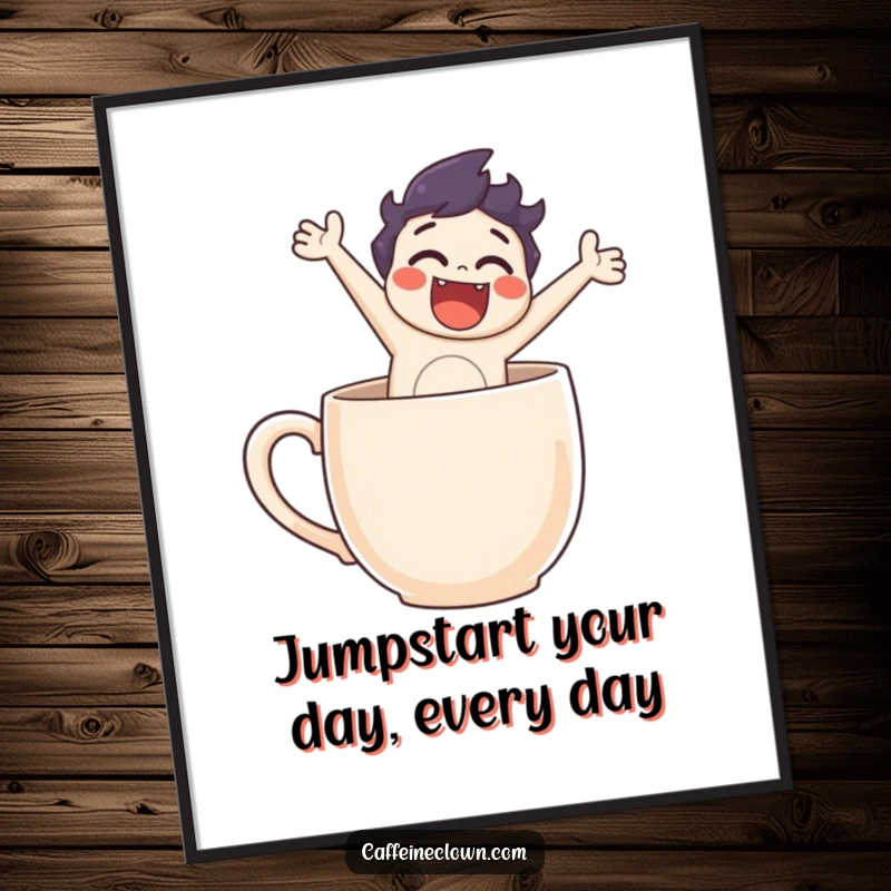 Funny Free Printable Wall Art: A dynamic character leaping energetically out of a coffee mug, bringing humor to any room.