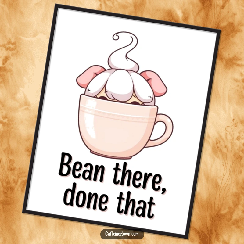 Funny Free Printable Wall Art: Character peeking with wide eyes from behind a steaming hot coffee mug, adding quirky charm.