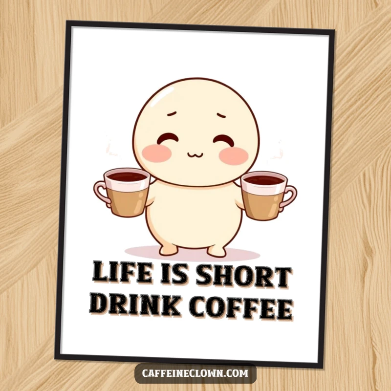 Funny Free Printable Wall Art depicting a round character juggling steaming coffee cups with a smile.