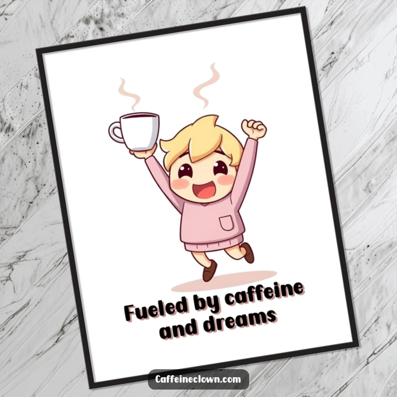 Funny Free Printable Wall Art: A character bouncing with vibrant energy, holding a steaming coffee cup aloft, radiating fun.