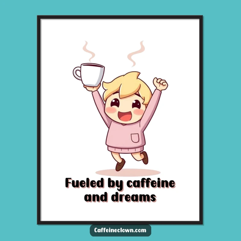 Free Printable Wall Art: Energetic Coffee Character, Humorous Downloadable Decor!