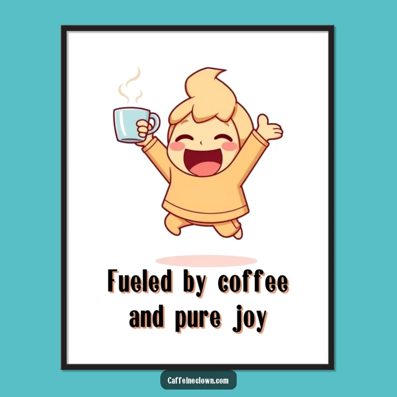 Funny Free Printable Wall Art: Energetic Coffee Character - Downloadable Art Gift!