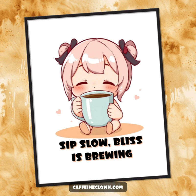 Funny Free Printable Wall Art: Character sips coffee with eyes closed in pure bliss, serene coffee decor.