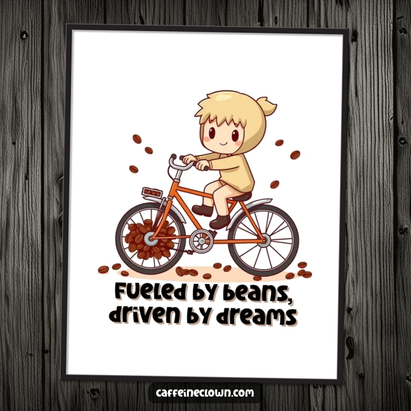 Funny Free Printable Wall Art: Whimsical character pedals a bicycle powered by coffee beans with enthusiastic effort.
