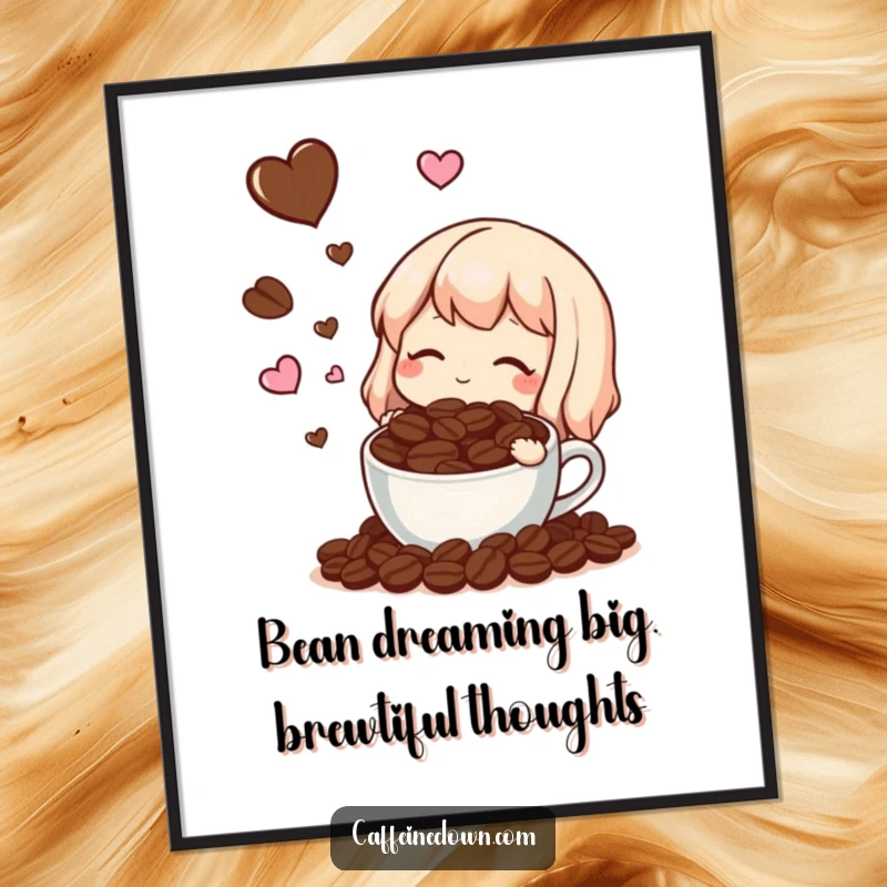 Funny Free Printable Wall Art: Character blissfully dreaming of coffee beans and floating hearts, coffee lover decor.