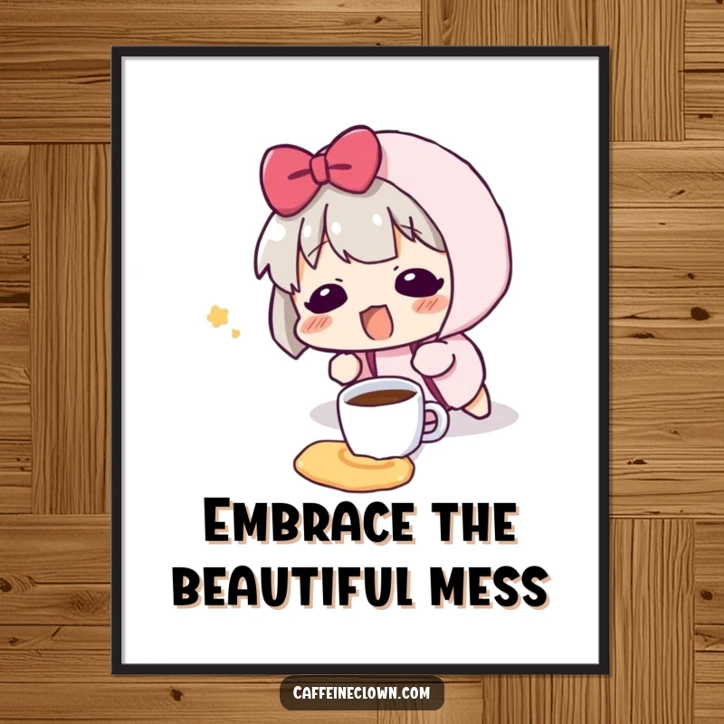 Funny Free Printable Wall Art: Character with a surprised blush after tripping and spilling a tiny coffee cup, whimsical decor.