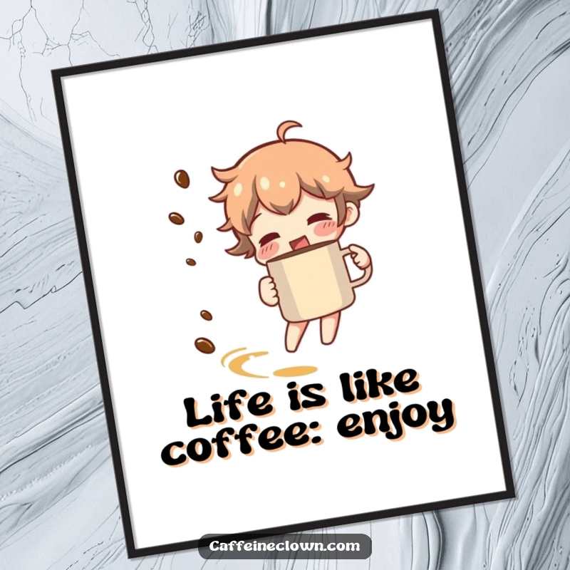 Funny Free Printable Wall Art: Character joyfully spinning with a coffee mug, a visible trail of coffee aroma, energetic decor.