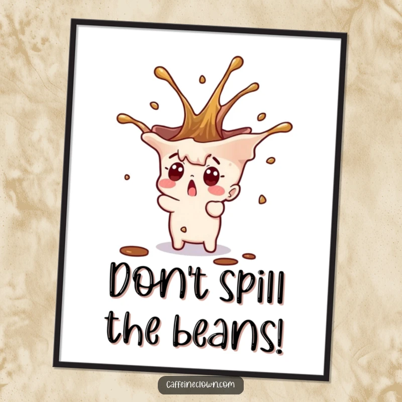 Funny Free Printable Wall Art: Tiny character surprised by a dynamic coffee splash erupting upwards, full of action.