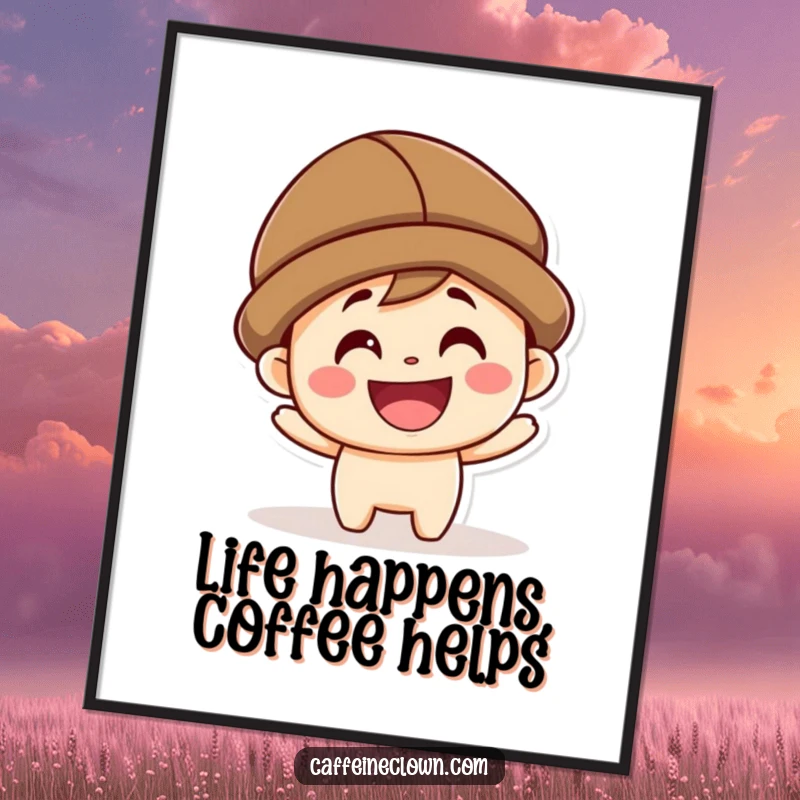 Funny Free Printable Wall Art: Adorable kawaii coffee bean character with a wide grin, wearing a coffee bean hat.