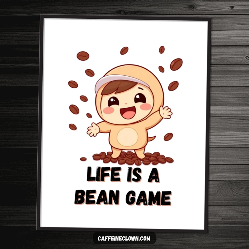 Funny Free Printable Wall Art: Character with a wide grin, energetically juggling a pile of coffee beans, humorous decor.