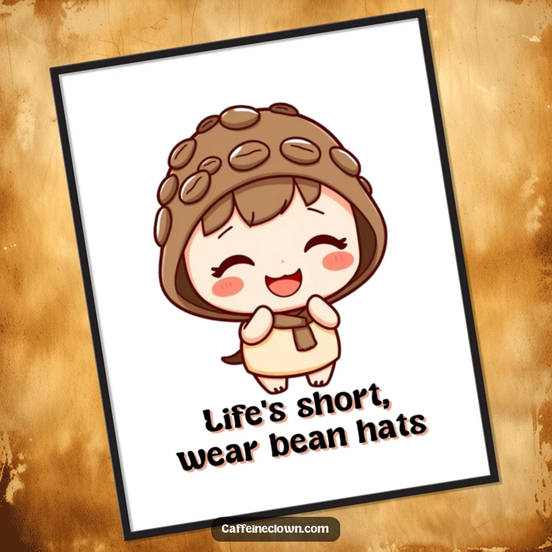 Funny Free Printable Wall Art showing a kawaii character wearing a cute coffee bean hat and giggling with pure, innocent joy.