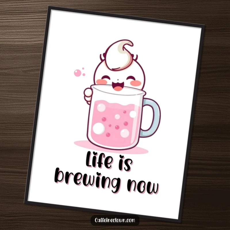 Free Printable Wall Art: Cute kawaii character gleefully mixing bubbling liquids in a large mug, whimsical and humorous decor.