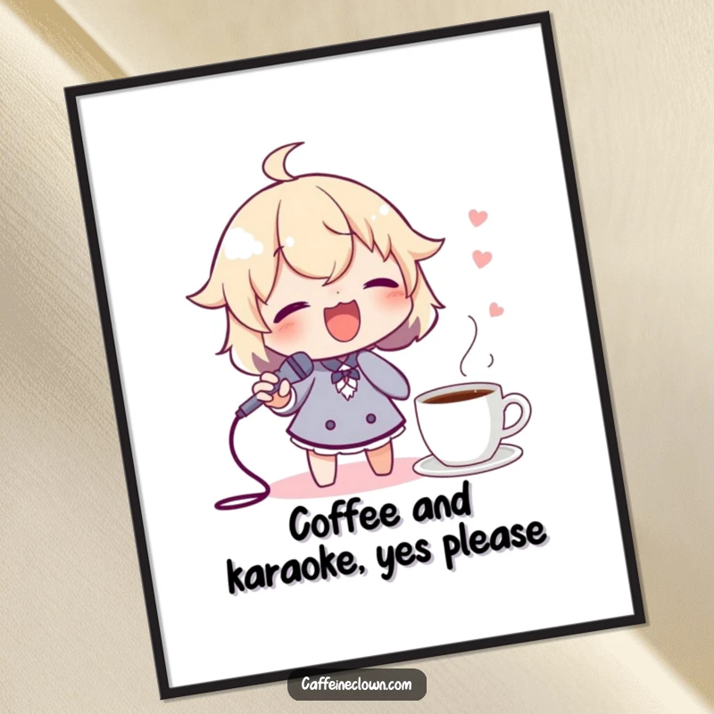 Funny Free Printable Wall Art of a character passionately singing into a spoon microphone, with a cup of coffee providing inspiration.