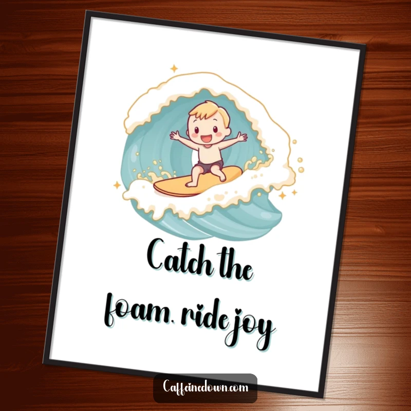 Funny Free Printable Wall Art: Adorable subject joyfully surfs a foamy wave made entirely of latte foam.