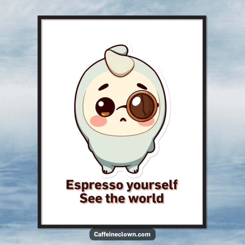 Funny Free Printable Wall Art: Character wearing coffee bean monocle, looking surprised, quirky sophistication, unique downloadable art.