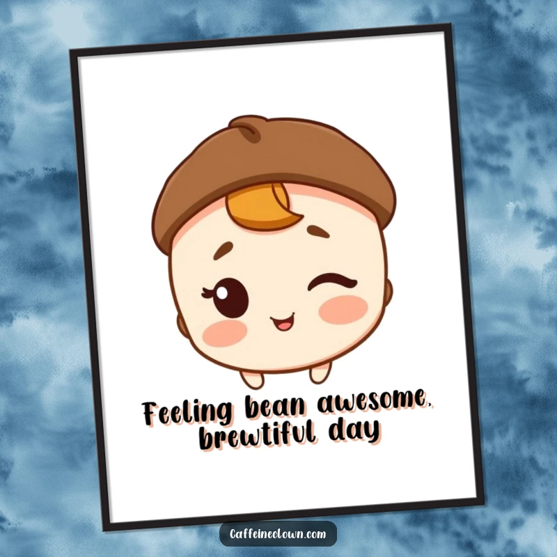 Funny Free Printable Wall Art: Character wearing a coffee bean hat winks with a big smile, playful decor.