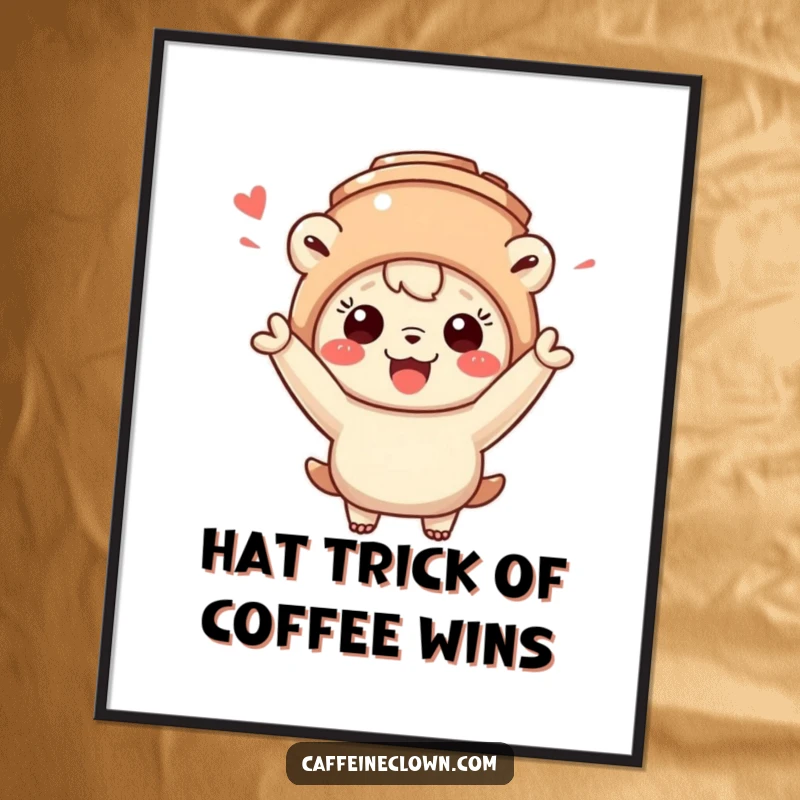 Funny Free Printable Wall Art: A charming creature with a coffee mug for a hat cheers wildly, radiating infectious enthusiasm.