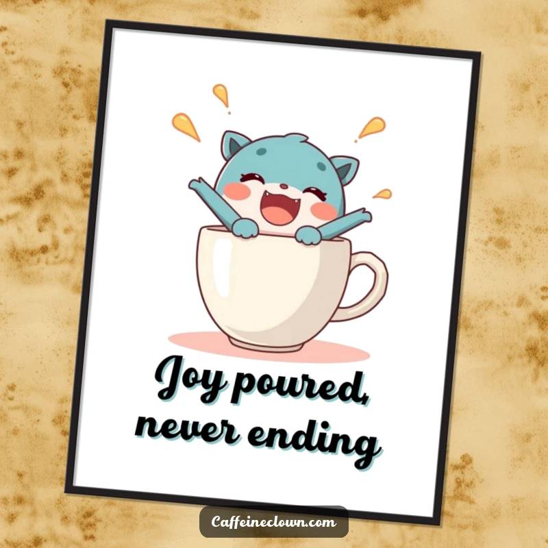 Funny Free Printable Wall Art: A delighted character joyfully bursts from a steaming coffee cup, radiating pure happiness.